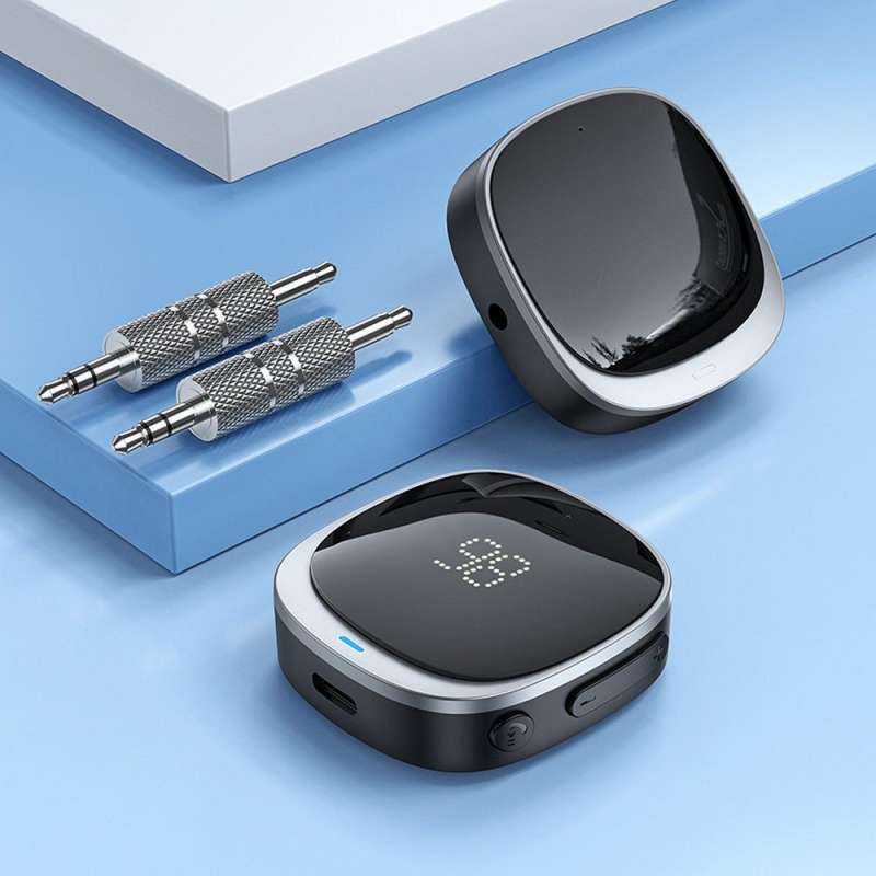 SPOTT-GR Hoco E80 - Φορητός Μετατροπέας AUX από Καρφί 3.5mm σε Bluetooth me Οθόνη LED - Μαύρο