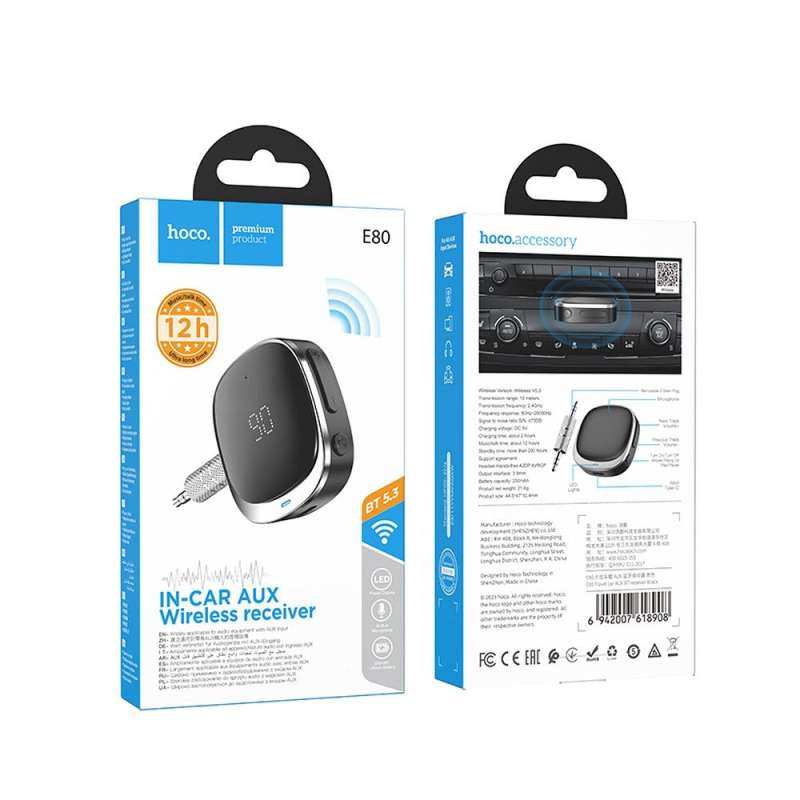 SPOTT-GR Hoco E80 - Φορητός Μετατροπέας AUX από Καρφί 3.5mm σε Bluetooth me Οθόνη LED - Μαύρο
