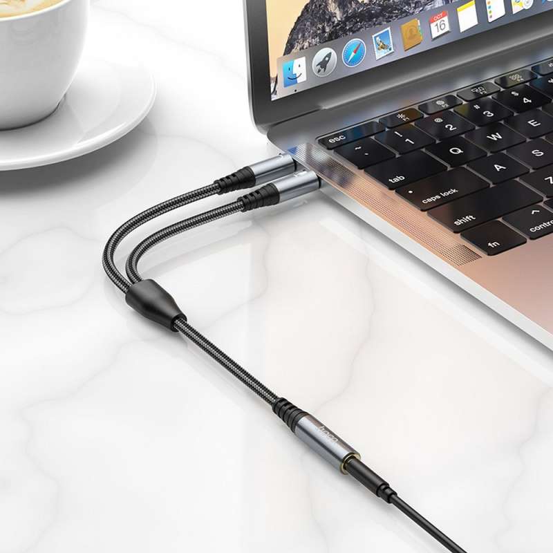 SPOTT-GR Hoco Καλώδιο AUX 2in1 Jack 3.5mm (Θηλυκό) σε 2 x Jack 3.5mm (Αρσενικό) UPA21 0.25m metal - Γκρι