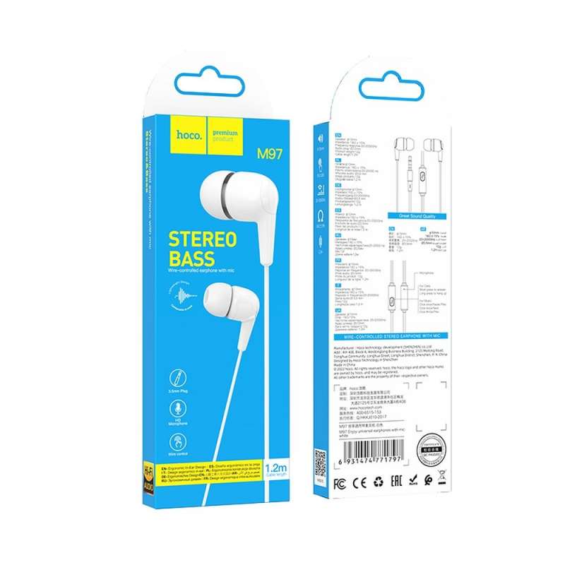 SPOTT-GR Hoco M97 - Ενσύρματα In-Ear Ακουστικά με Καρφί 3.5mm και Μικρόφωνο - Άσπρα
