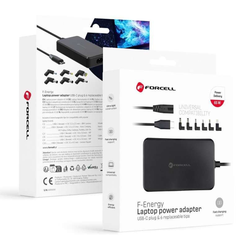 SPOTT-GR Forcell F-Energy E856 - Universal Φορτιστής Laptop με Ισχύ έως 65W (με 6 Αντάπτορες) - Μαύρος