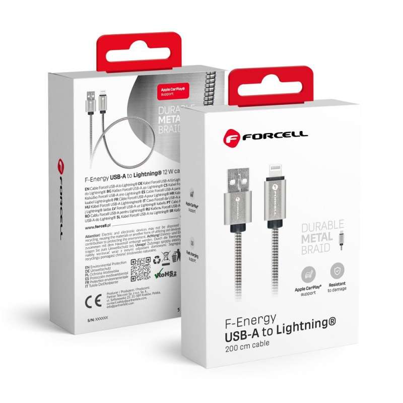 SPOTT-GR Forcell F-Energy Metal C236 - Καλώδιο USB-A σε Lightning 2.4A 12W 2m - Ασημί