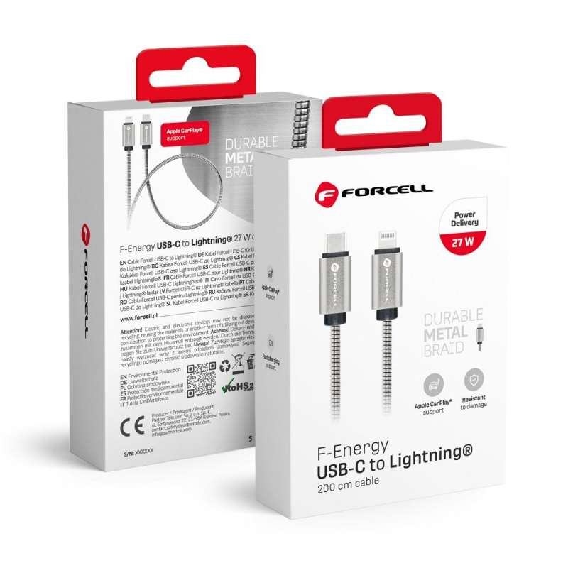 SPOTT-GR Forcell F-Energy Metal C238 - Καλώδιο Type-C σε Lightning PD 3A 27W 2m - Ασημί