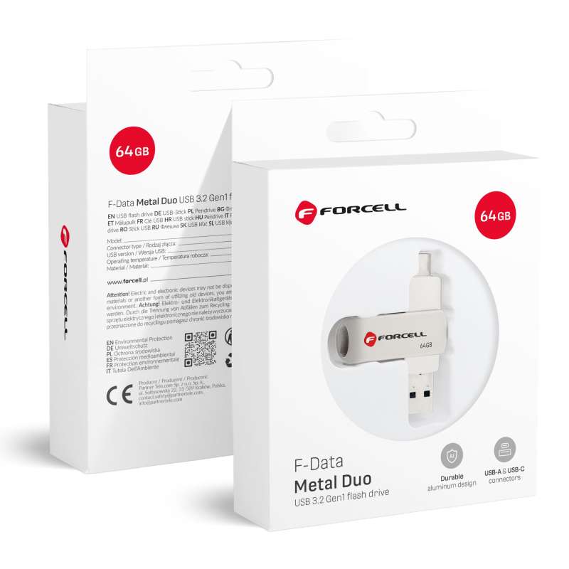SPOTT-GR Forcell F-Data Metal - Στικάκι USB Duo 64GB USB3.2 Gen 1 (USB-A / Type-C) - Ασημί
