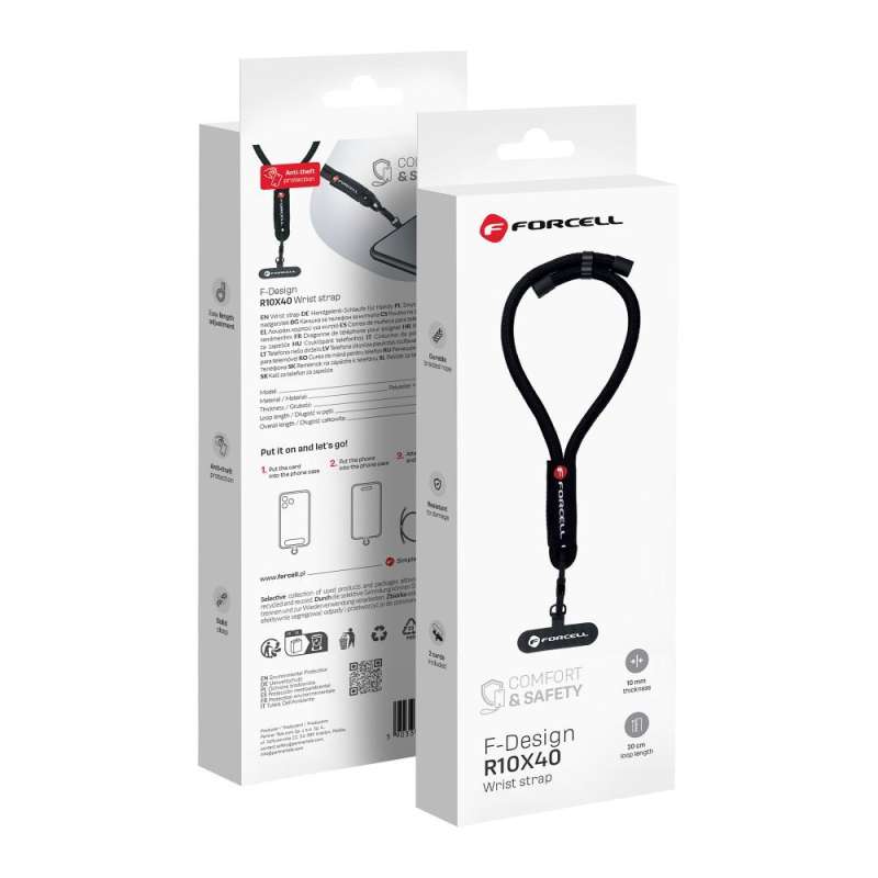SPOTT-GR Forcell F-Design R10X40 - Λουράκι Καρπού για Θήκες Κινητών με Ρυθμιζόμενο Μήκος (Μέγιστη Θηλιά 20 εκατοστά) - Μαύρο