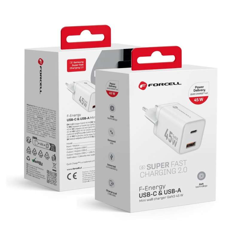 SPOTT-GR Forcell F-Energy Mini VT-36 - Φορτιστής με Υποδοχές 1 x Type-C και 1x USB-A QC 4.0 45W - Άσπρος