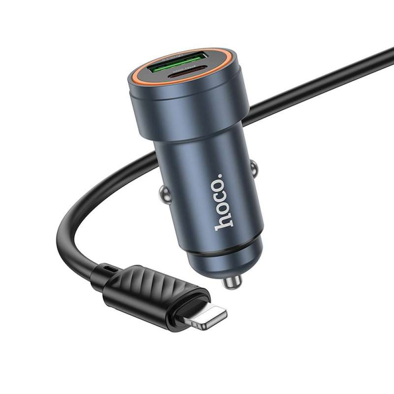 SPOTT-GR Hoco Z57A - Φορτιστής Αυτοκινήτου με Υποδοχές USB-A και Type-C (QC 3.0 PD 30W) με Καλώδιο Type-C σε Lightning - Μαύρος