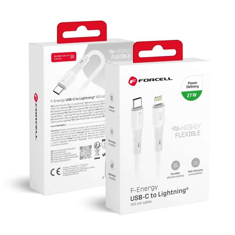 SPOTT-GR Forcell F-Energy C346 Silicone - Καλώδιο Type-C σε Lightning PD 3A 27W 1m - Άσπρο