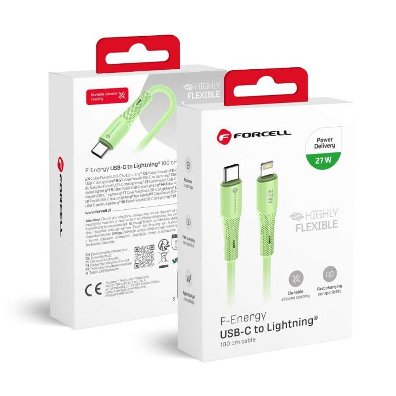 SPOTT-GR Forcell F-Energy C346 Silicone - Καλώδιο Type-C σε Lightning PD 3A 27W 1m - Πράσινο