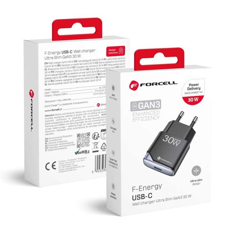 SPOTT-GR Forcell F-Energy GaN III B130101-E - Φορτιστής με Υποδοχές 1 x Type-C και 1 x USB-A PD QC4.0 3A 30W - Μαύρος
