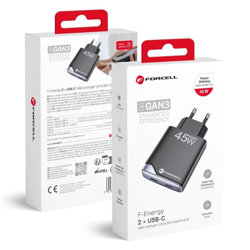 SPOTT-GR Forcell F-Energy GaN III B245201 - Φορτιστής με Υποδοχές 2 x Type-C και 1 x USB-A PD QC4.0 3A 45W - Μαύρος