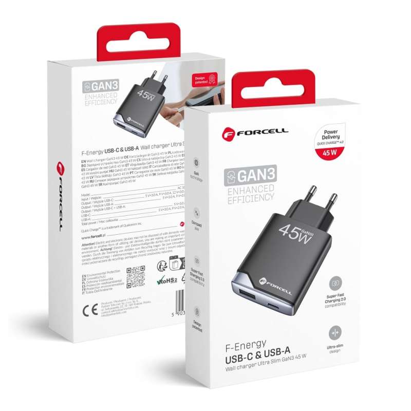 SPOTT-GR Forcell F-Energy GaN III B245202 - Φορτιστής με Υποδοχές 1 x Type-C και 1 x USB-A PD QC4.0 3A 45W - Μαύρος