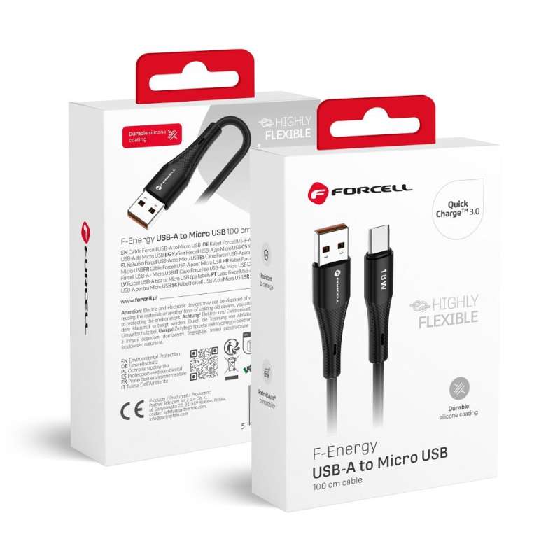 SPOTT-GR Forcell F-Energy C341 Silicone - Καλώδιο USB-A σε Micro USB Quick Charge 3.0 2.4A 18W 1m - Μαύρο