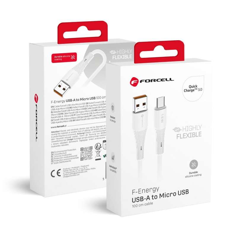 SPOTT-GR Forcell F-Energy C341 Silicone - Καλώδιο USB-A σε Micro USB Quick Charge 3.0 2.4A 18W 1m - Άσπρο