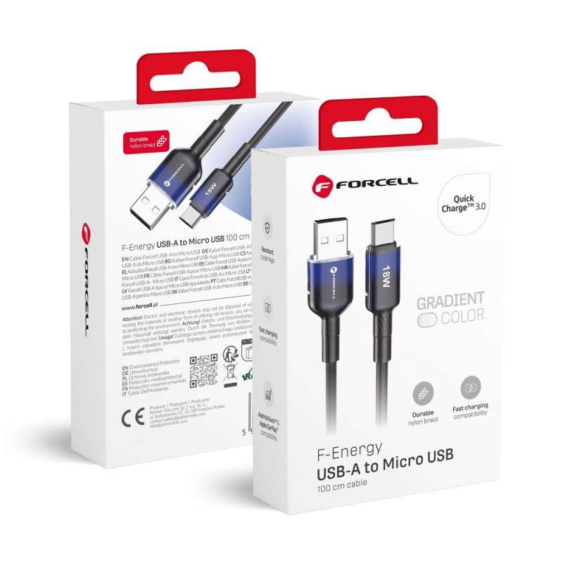 SPOTT-GR Forcell F-Energy C351 Gradient - Καλώδιο USB-A σε Micro USB Quick Charge 3.0 2.4A 18W 1m - Μαύρο