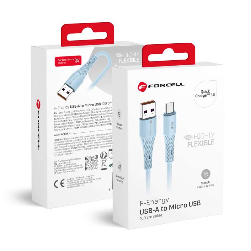 SPOTT-GR Forcell F-Energy C341 Silicone - Καλώδιο USB-A σε Micro USB Quick Charge 3.0 2.4A 18W 1m - Μπλε