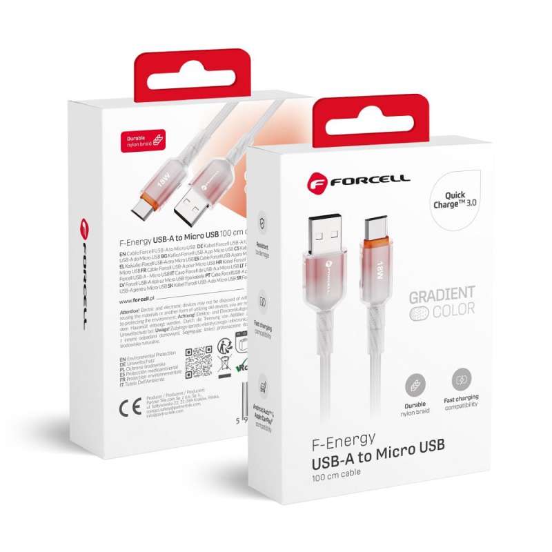 SPOTT-GR Forcell F-Energy C351 Gradient - Καλώδιο USB-A σε Micro USB Quick Charge 3.0 2.4A 18W 1m - Άσπρο