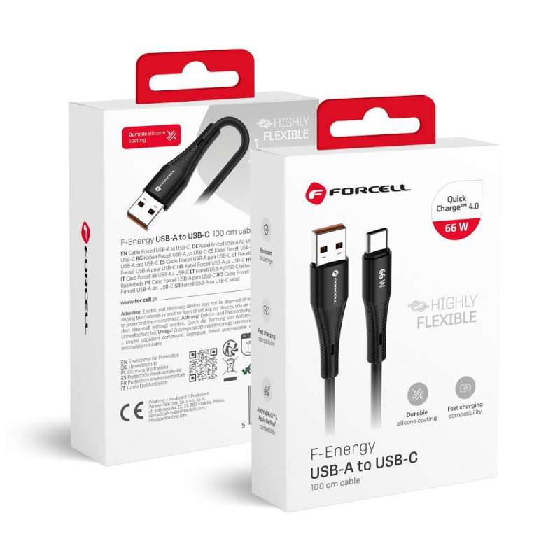 SPOTT-GR Forcell F-Energy C342 Silicone - Καλώδιο USB-A σε Type-C QC4.0 3A 66W 1m - Μαύρο