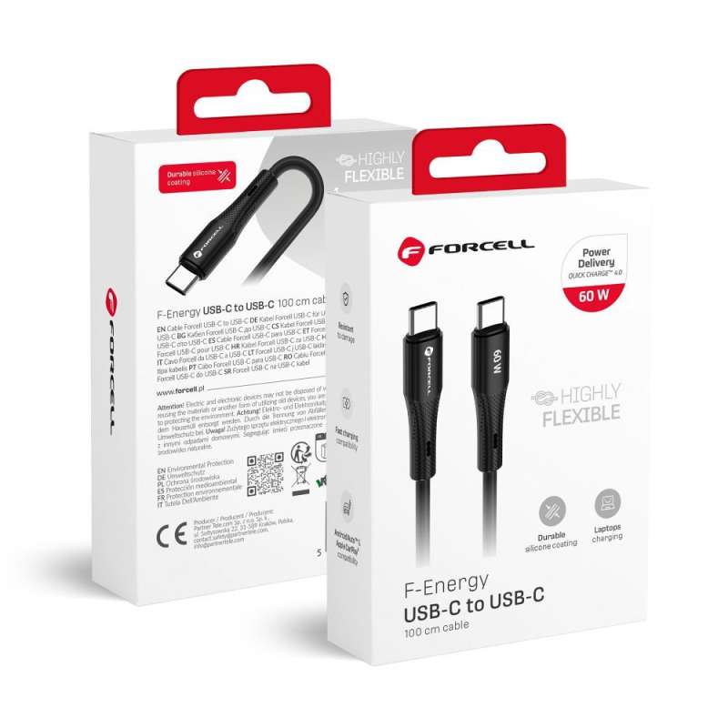 SPOTT-GR Forcell F-Energy C344 - Silicone Καλώδιο Type-C σε Type-C QC4.0 PD 3A 60W 1m - Μαύρο