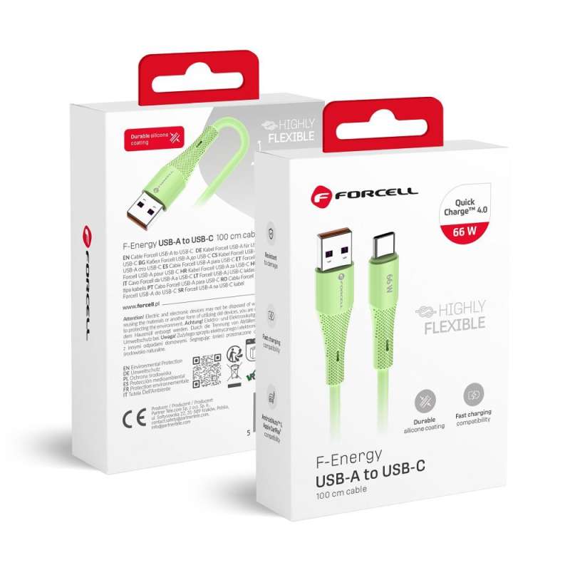 SPOTT-GR Forcell F-Energy C342 Silicone - Καλώδιο USB-A σε Type-C QC4.0 3A 66W 1m - Πράσινο