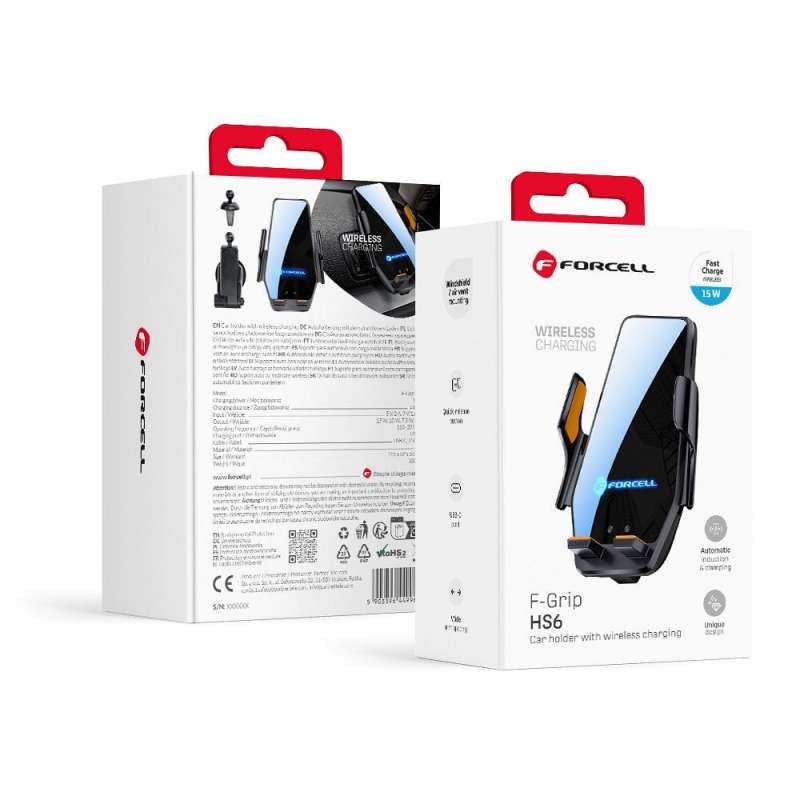SPOTT-GR Forcell F-Grip HS6 car holder with Ασύρματος Φορτιστής with glass and air vent mount black