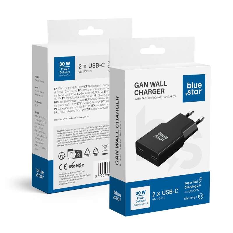 SPOTT-GR Blue Star Slim GaN - Φορτιστής με Υποδοχές 2x Type-C PD QC4.0 3A 30W - Μαύρος
