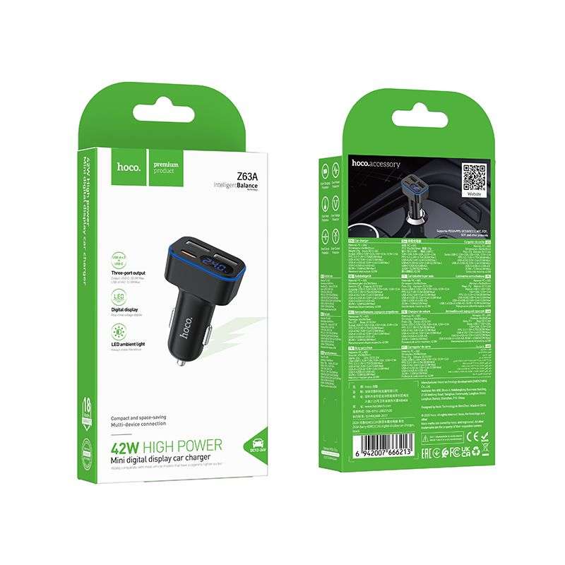 SPOTT-GR Hoco Z63A - Φορτιστής Αυτοκινήτου με Υποδοχές 2 x USB-A και 1 x Type-C (PD QC 3.0 42W) και Οθόνη Ενδείξεων σε Μαύρο Χρώμα