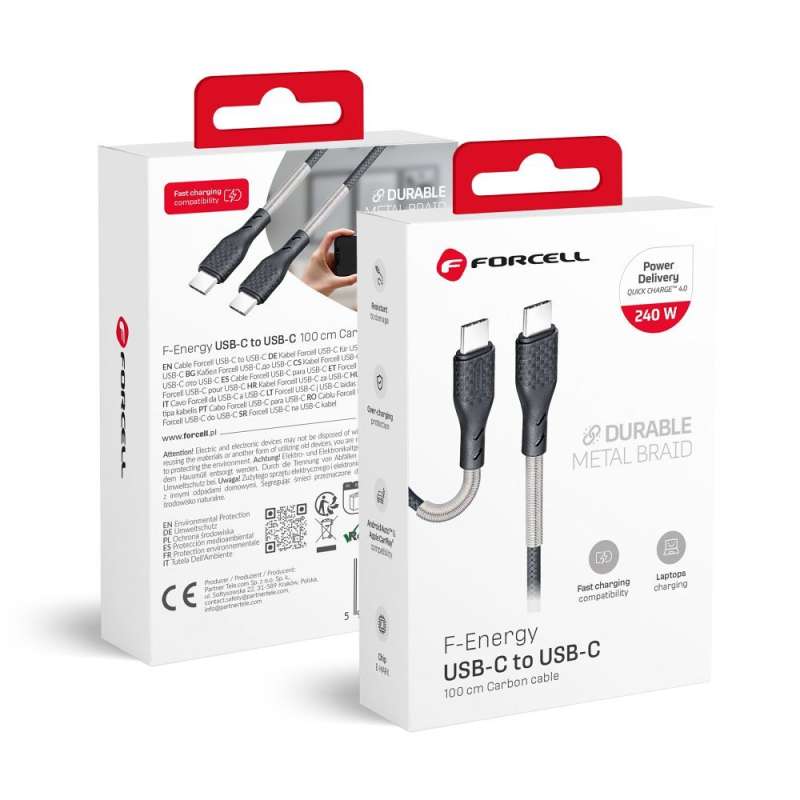SPOTT-GR Forcell F-Energy Carbon CB-05C - Καλώδιο Type-C σε Type-C (PD QC4.0 5A 240W) 1m σε Μαύρο Χρώμα