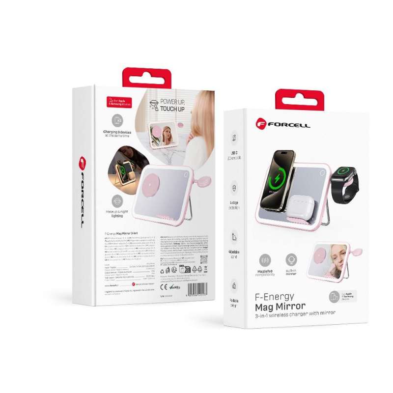 SPOTT-GR Forcell F-Energy Mag Mirror - Ασύρματος Φορτιστής 3 σε 1 με Υποστήριξη MagSafe σε Ροζ Χρώμα