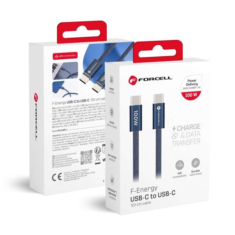 SPOTT-GR Forcell F-Energy ACYH23 - Καλώδιο Type-C σε Type-C (QC4.0 PD 5A 100W) 1.2m σε Μπλε Χρώμα