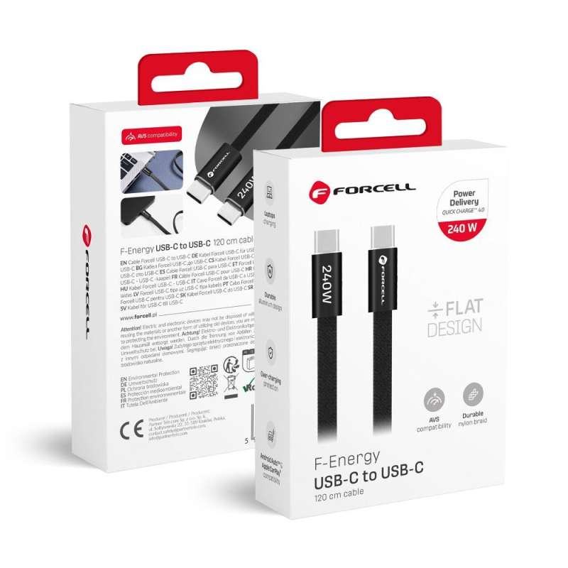 SPOTT-GR Forcell F-Energy CCFN23 - Καλώδιο Flat Type-C σε Type-C (QC4.0 PD 5A 240W) 1.2m σε Μαύρο Χρώμα