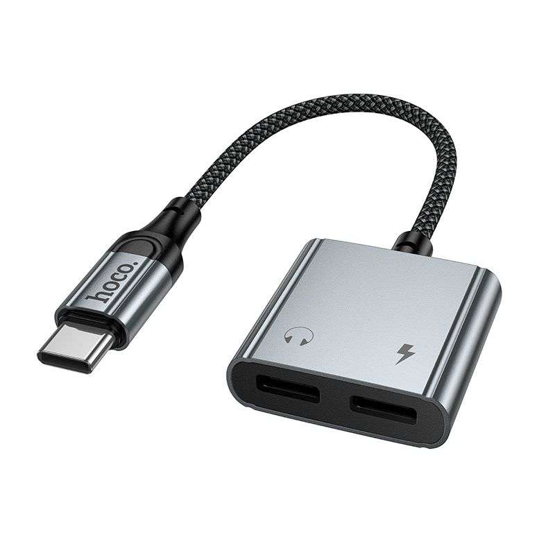 SPOTT-GR Hoco UPA34A - Μετατροπέας AUX Type-C σε Διπλό Type-C (10W) σε Γκρι Χρώμα