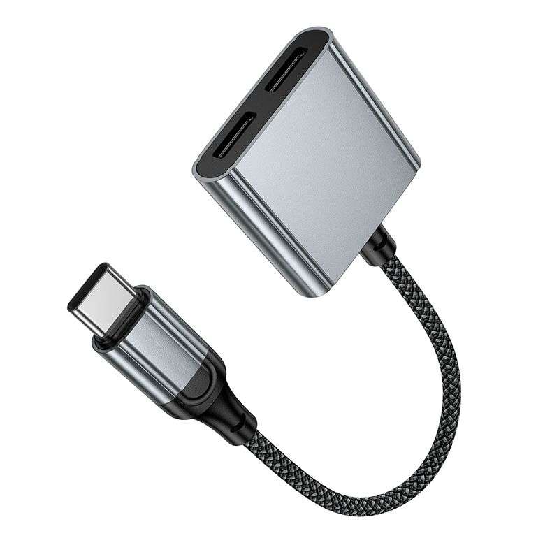 SPOTT-GR Hoco UPA34A - Μετατροπέας AUX Type-C σε Διπλό Type-C (10W) σε Γκρι Χρώμα
