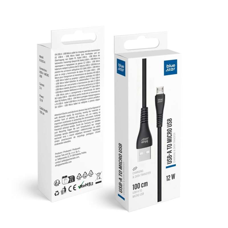 SPOTT-GR Blue Star PJ-DG3-A - Καλώδιο USB-A σε Micro USB 2A 12W 1m σε Μαύρο Χρώμα