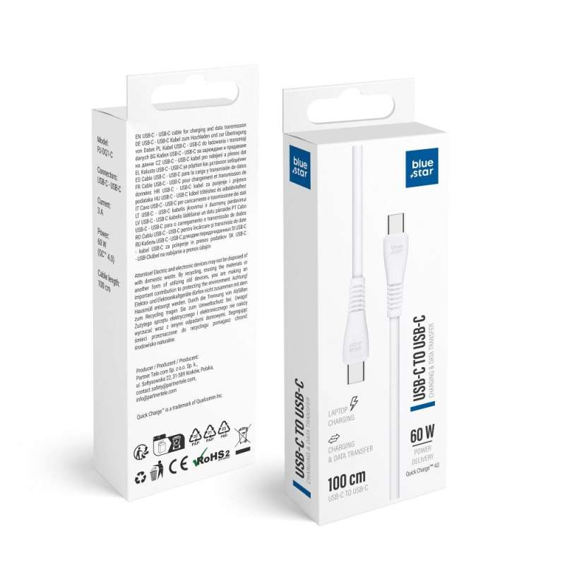 SPOTT-GR Blue Star PJ-DQ1-C - Καλώδιο Type-C σε Type-C (3A 60W QC4.0) 1m σε Άσπρο Χρώμα
