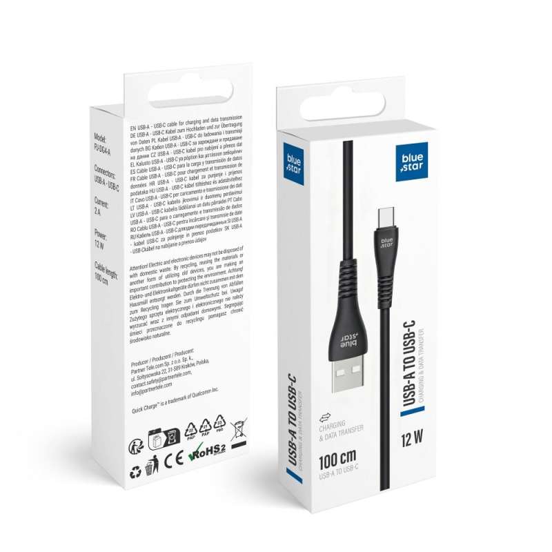 SPOTT-GR Blue Star PJ-DG4-A - Καλώδιο USB-A σε Type-C (2A 12W) 1m σε Μαύρο Χρώμα