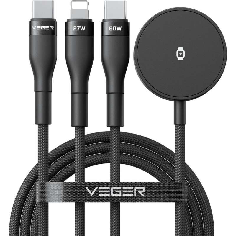 SPOTT-GR Veger V730 - Καλώδιο 3 σε 1 με Type-C σε Type-C / Lightning / Apple Watch / Samsung Galaxy Watch (3A 92W 1.5m) σε Μαύρο Χρώμα