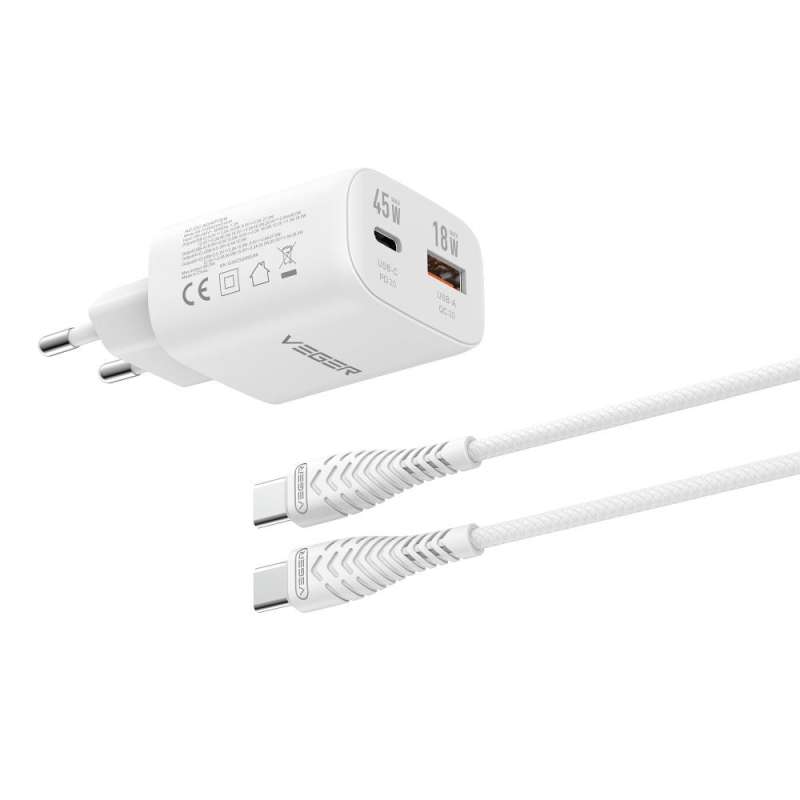 SPOTT-GR Veger TR101 - Φορτιστής με Υποδοχές USB-A και Type-C (PD Super Charge PPS) 45W και Καλώδιο Φόρτισης Type-C σε Άσπρο Χρώμα
