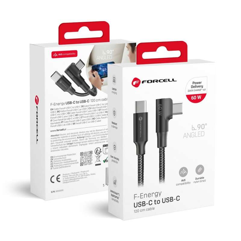 SPOTT-GR Forcell F-Energy CC-1Deg - Καλώδιο με Γωνία 90° Type-C σε Type-C (QC4.0 PD 5A) 100W 2m σε Μαύρο Χρώμα