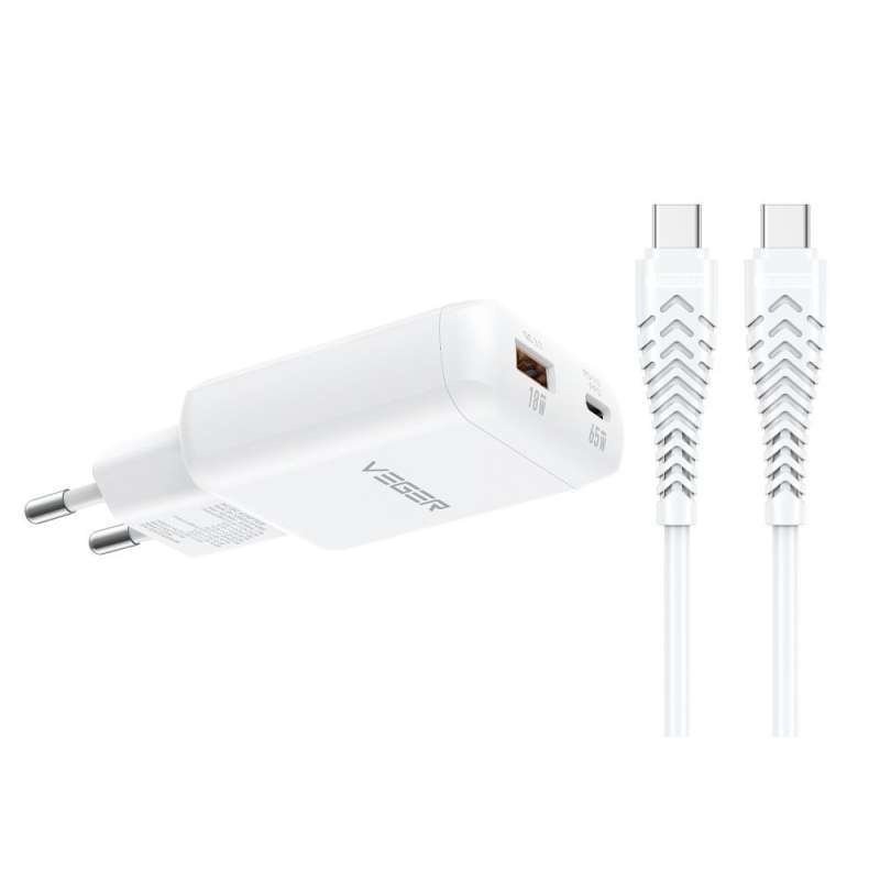 SPOTT-GR Veger TR122- Φορτιστής με Υποδοχές USB-A και Type-C (PD 65W) και Καλώδιο Type-C σε Type-C σε Άσπρο Χρώμα