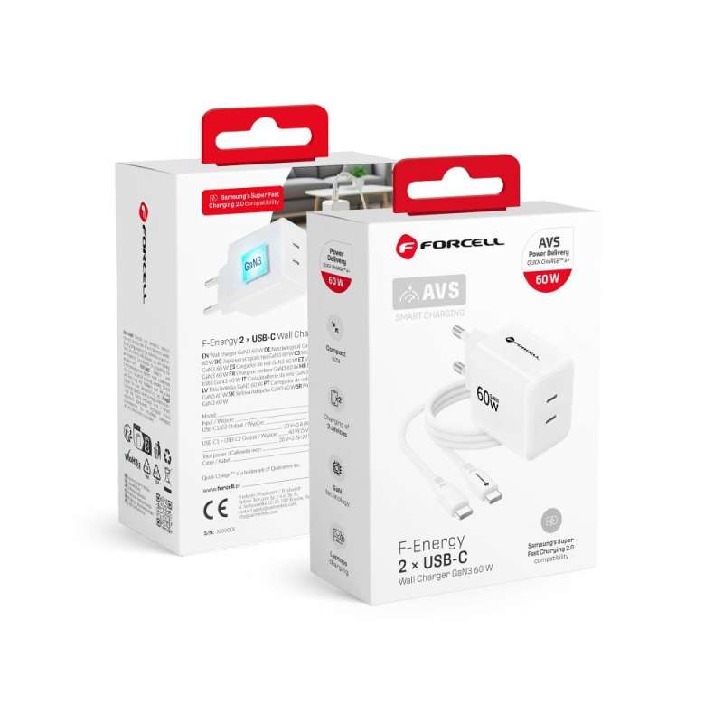 SPOTT-GR Forcell F-Energy VT-60 Crystal Color - Φορτιστής GaN III με Υποδοχές 2 x Type-C (AVS SSFC2.0 60W) και Καλώδιο Type-C σε Type-C σε Άσπρο Χρώμα